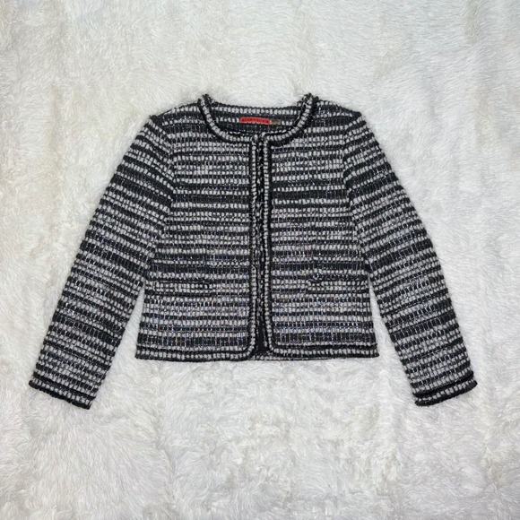 Alice + Olivia Medium Black White Metallic Silver Tufted Tweed Collarless Blazer